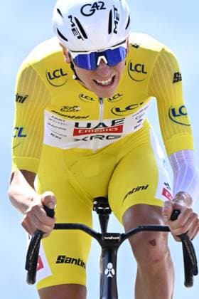 Slovenian Tadej Pogacar of UAE Team Emirates pictured at the finish of stage 13 of the 2025 Tour de France cycling race, an 11km individual time trial from Loudenvielle to Peyragudes, on Friday 18 July 2025 in France. The 112th edition of the Tour de France starts on Saturday 5 July in Lille, France, and will finish in Paris, France on the 27th of July. JASPERxJACOBS  x129500042x