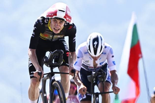 Belgian Remco Evenepoel of Soudal Quick-Step and Danish Jonas Vingegaard Hansen of Team Visma-Lease a Bike pictured at the finish of stage 13 of the 2025 Tour de France cycling race, an 11km individual time trial from Loudenvielle to Peyragudes, on Friday 18 July 2025 in France. The 112th edition of the Tour de France starts on Saturday 5 July in Lille, France, and will finish in Paris, France on the 27th of July. JASPERxJACOBS  x129500774x