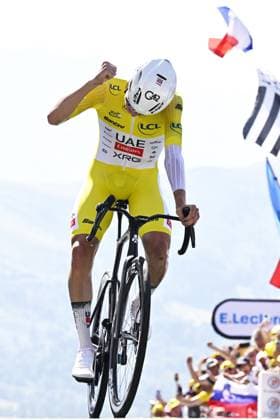 Slovenian Tadej Pogacar of UAE Team Emirates pictured at the finish of stage 13 of the 2025 Tour de France cycling race, an 11km individual time trial from Loudenvielle to Peyragudes, on Friday 18 July 2025 in France. The 112th edition of the Tour de France starts on Saturday 5 July in Lille, France, and will finish in Paris, France on the 27th of July. JASPERxJACOBS  x129500986x