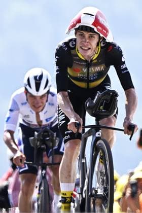 Belgian Remco Evenepoel of Soudal Quick-Step and Danish Jonas Vingegaard Hansen of Team Visma-Lease a Bike pictured at the finish of stage 13 of the 2025 Tour de France cycling race, an 11km individual time trial from Loudenvielle to Peyragudes, on Friday 18 July 2025 in France. The 112th edition of the Tour de France starts on Saturday 5 July in Lille, France, and will finish in Paris, France on the 27th of July. JASPERxJACOBS  x129501057x