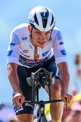 Tour de France 2025 Stage 13 PEYRAGUDES, FRANCE - JULY 18 : Evenepoel Remco (BEL) of Soudal - Quick Step at the finish line during stage 13 of the 112th edition of Tour de France an UCI World Tour 2.UWT Individual Time Trial stage for Men Elite of 11 km with start in Loudenvielle and finish in Peyragudes on July 18, 2025 in Peyragudes, France, 18 07 2025 ( Motordriver Kenny Verfaillie - Peyragudes France  Copyright: xVincentxKalutx