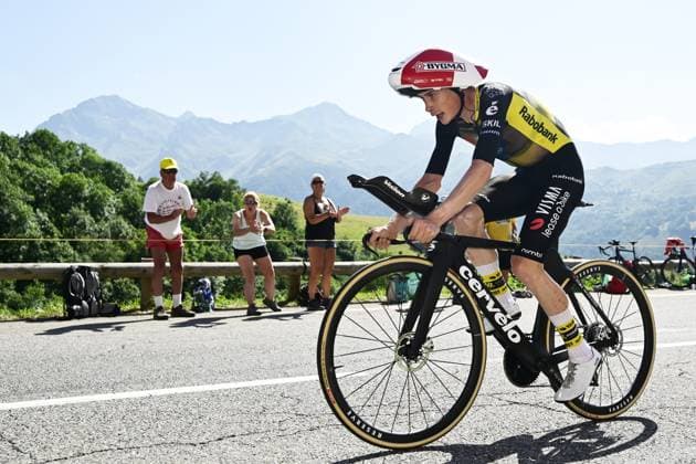 Danish Jonas Vingegaard Hansen of Team Visma-Lease a Bike pictured in action during stage 13 of the 2025 Tour de France cycling race, an 11km individual time trial from Loudenvielle to Peyragudes, on Friday 18 July 2025 in France. The 112th edition of the Tour de France starts on Saturday 5 July in Lille, France, and will finish in Paris, France on the 27th of July. DIRKxWAEM  x129501222x