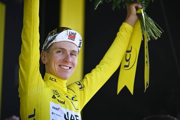 Slovenian Tadej Pogacar of UAE Team Emirates celebrates on the podium after winning stage 13 of the 2025 Tour de France cycling race, an 11km individual time trial from Loudenvielle to Peyragudes, on Friday 18 July 2025 in France. The 112th edition of the Tour de France starts on Saturday 5 July in Lille, France, and will finish in Paris, France on the 27th of July. JASPERxJACOBS  x129502182x