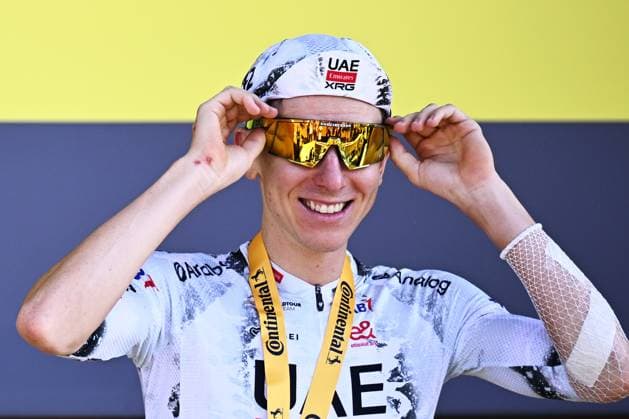 Slovenian Tadej Pogacar of UAE Team Emirates celebrates on the podium after winning stage 13 of the 2025 Tour de France cycling race, an 11km individual time trial from Loudenvielle to Peyragudes, on Friday 18 July 2025 in France. The 112th edition of the Tour de France starts on Saturday 5 July in Lille, France, and will finish in Paris, France on the 27th of July. JASPERxJACOBS  x129502209x
