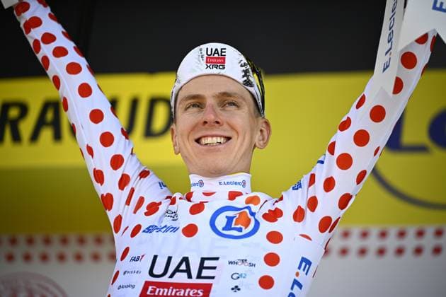 Slovenian Tadej Pogacar of UAE Team Emirates celebrates on the podium in the red polka-dot jersey for best climber after stage 13 of the 2025 Tour de France cycling race, an 11km individual time trial from Loudenvielle to Peyragudes, on Friday 18 July 2025 in France. The 112th edition of the Tour de France starts on Saturday 5 July in Lille, France, and will finish in Paris, France on the 27th of July. JASPERxJACOBS  x129502238x