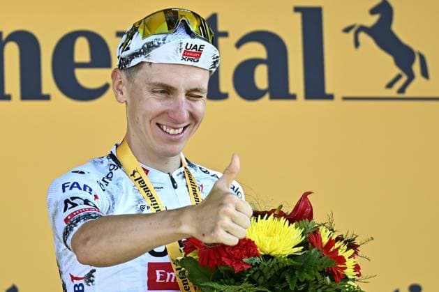 Slovenian Tadej Pogacar of UAE Team Emirates celebrates on the podium after winning stage 13 of the 2025 Tour de France cycling race, an 11km individual time trial from Loudenvielle to Peyragudes, on Friday 18 July 2025 in France. The 112th edition of the Tour de France starts on Saturday 5 July in Lille, France, and will finish in Paris, France on the 27th of July. JASPERxJACOBS  x129502318x