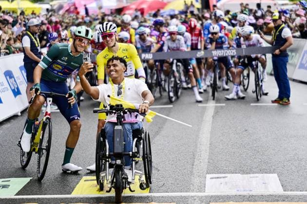 Italian Jonathan Milan of Lidl-Trek and Slovenian Tadej Pogacar of UAE Team Emirates pictured at the start of stage 14 of the 2025 Tour de France cycling race, from Pau to Luchon-Superbagneres (183 km), on Saturday 19 July 2025 in France. The 112th edition of the Tour de France starts on Saturday 5 July in Lille, France, and will finish in Paris, France on the 27th of July. DIRKxWAEM  x129556085x