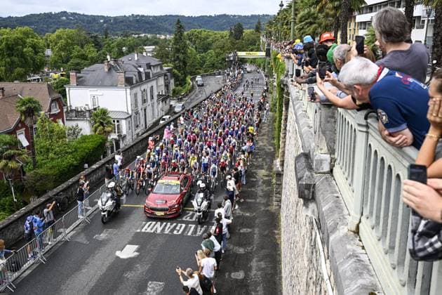 The peloton pictured at the start of stage 14 of the 2025 Tour de France cycling race, from Pau to Luchon-Superbagneres (183 km), on Saturday 19 July 2025 in France. The 112th edition of the Tour de France starts on Saturday 5 July in Lille, France, and will finish in Paris, France on the 27th of July. JASPERxJACOBS  x129556228x