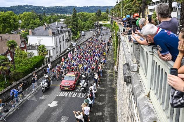 The peloton pictured at the start of stage 14 of the 2025 Tour de France cycling race, from Pau to Luchon-Superbagneres (183 km), on Saturday 19 July 2025 in France. The 112th edition of the Tour de France starts on Saturday 5 July in Lille, France, and will finish in Paris, France on the 27th of July. JASPERxJACOBS  x129556424x