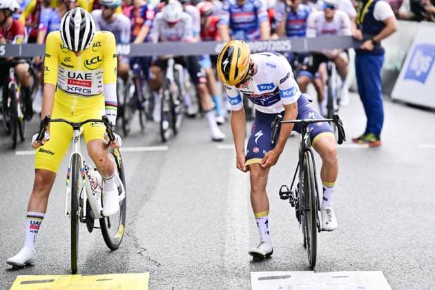 Slovenian Tadej Pogacar of UAE Team Emirates and Belgian Remco Evenepoel of Soudal Quick-Step pictured at the start of stage 14 of the 2025 Tour de France cycling race, from Pau to Luchon-Superbagneres (183 km), on Saturday 19 July 2025 in France. The 112th edition of the Tour de France starts on Saturday 5 July in Lille, France, and will finish in Paris, France on the 27th of July. DIRKxWAEM  x129556843x
