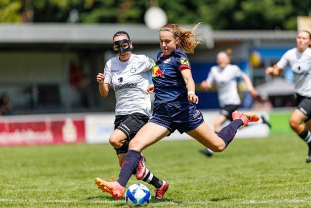 Emelie Kobler 22, FC Red Bull Salzburg and Sonja Kolb 12, FFC Wacker München at the match FFC Wacker München v FC Red Bull Salzburg, Soccer, Women, Regionalliga Süd, 2025 2026, Test match on 19 07 2025 in Fürstenfeldbruck, Stadion a d Klosterstraße Bayern Germany
