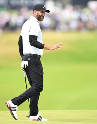 Dustin Johnson celebrates holing a putt on the 1st green for a birdie The Open Championship, Day Three, Golf, Royal Portrush Golf Club, Portrush, Northern Ireland, UK - 19 Jul 2025 EDITORIAL USE ONLY No use with unauthorised audio, video, data, fixture lists, club league logos or live services. Online in-match use limited to 120 images, no video emulation. No use in betting, games or single club league player publications. Copyright: xGreigxCowie Shutterstockx 15403239m
