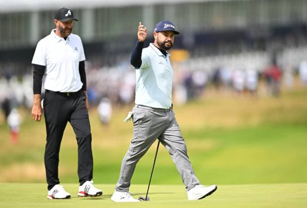 J.J. Spaun celebrates holing a putt on the 1st green for a birdie playing with Dustin Johnson The Open Championship, Day Three, Golf, Royal Portrush Golf Club, Portrush, Northern Ireland, UK - 19 Jul 2025 EDITORIAL USE ONLY No use with unauthorised audio, video, data, fixture lists, club league logos or live services. Online in-match use limited to 120 images, no video emulation. No use in betting, games or single club league player publications. Copyright: xGreigxCowie Shutterstockx 15403239c