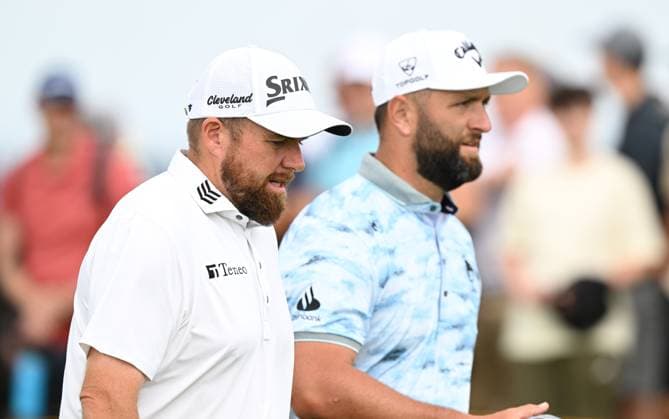 Shane Lowry and Jon Rahm walk off the second tee The Open Championship, Day Three, Golf, Royal Portrush Golf Club, Portrush, Northern Ireland, UK - 19 Jul 2025 EDITORIAL USE ONLY No use with unauthorised audio, video, data, fixture lists, club league logos or live services. Online in-match use limited to 120 images, no video emulation. No use in betting, games or single club league player publications. Copyright: xGreigxCowie Shutterstockx 15403239n