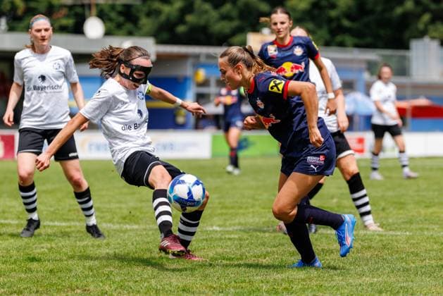 Tina Krassnig 17, FC Red Bull Salzburg and Sonja Kolb 12, FFC Wacker München at the match FFC Wacker München v FC Red Bull Salzburg, Soccer, Women, Regionalliga Süd, 2025 2026, Test match on 19 07 2025 in Fürstenfeldbruck, Stadion a d Klosterstraße Bayern Germany