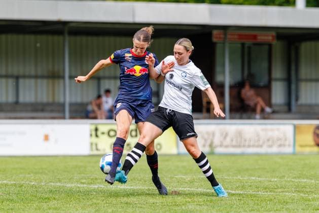 Carolin Gragger 13, FC Red Bull Salzburg and Larissa Galvez Estrada 32, FFC Wacker München during the match FFC Wacker München v FC Red Bull Salzburg, Soccer, Women, Regionalliga Süd, 2025 2026, Test match on 19 07 2025 in Fürstenfeldbruck, Stadion a d Klosterstraße Bayern Germany