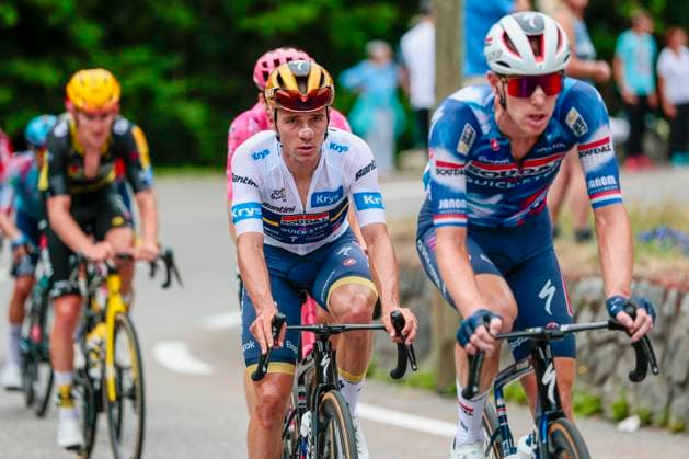 Tour de France 2025 Stage 14 LUCHON SUPERBAGNERES, FRANCE - JULY 19 : Evenepoel Remco (BEL) of Soudal - Quick Step in action during stage 14 of the 112th edition of Tour de France an UCI World Tour 2.UWT cycling road race stage for Men Elite of 183 km with start in Pau and finish in Luchon Superbagneres on July 19, 2025 in Luchon Superbagneres, France, 19 07 2025 ( Motordriver Kenny Verfaillie - Luchon Superbagneres France  Copyright: xLucaxBettinix