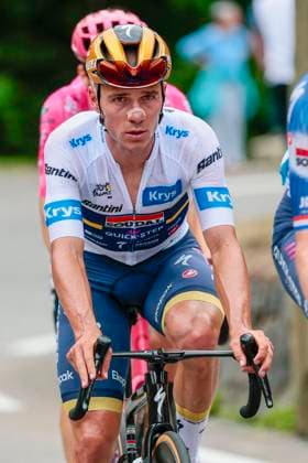Tour de France 2025 Stage 14 LUCHON SUPERBAGNERES, FRANCE - JULY 19 : Evenepoel Remco (BEL) of Soudal - Quick Step in action during stage 14 of the 112th edition of Tour de France an UCI World Tour 2.UWT cycling road race stage for Men Elite of 183 km with start in Pau and finish in Luchon Superbagneres on July 19, 2025 in Luchon Superbagneres, France, 19 07 2025 ( Motordriver Kenny Verfaillie - Luchon Superbagneres France  Copyright: xLucaxBettinix