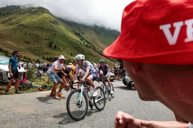 French Lenny Martinez of Bahrain Victorious pictured in action during stage 14 of the 2025 Tour de France cycling race, from Pau to Luchon-Superbagneres (183 km), on Saturday 19 July 2025 in France. The 112th edition of the Tour de France starts on Saturday 5 July in Lille, France, and will finish in Paris, France on the 27th of July. POOLxLUCAxBETTINI  x129565901x