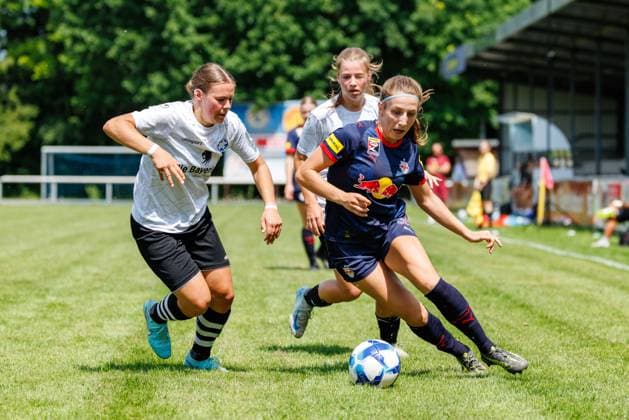 Sara Grabovac 14, FC Red Bull Salzburg and Jana Schuster 6, FFC Wacker München during the match FFC Wacker München v FC Red Bull Salzburg, Soccer, Women, Regionalliga Süd, 2025 2026, Test match on 19 07 2025 in Fürstenfeldbruck, Stadion a d Klosterstraße Bayern Germany