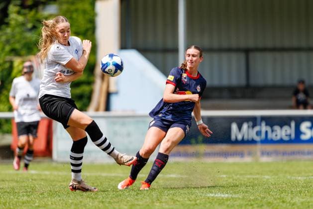 Greta Spinn 8, FC Red Bull Salzburg and Emilie Hesselbach 18, FFC Wacker München at the match FFC Wacker München v FC Red Bull Salzburg, Soccer, Women, Regionalliga Süd, 2025 2026, Test match on 19 07 2025 in Fürstenfeldbruck, Stadion a d Klosterstraße Bayern Germany