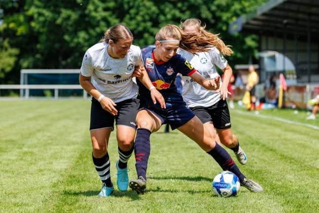 Sara Grabovac 14, FC Red Bull Salzburg and Jana Schuster 6, FFC Wacker München during the match FFC Wacker München v FC Red Bull Salzburg, Soccer, Women, Regionalliga Süd, 2025 2026, Test match on 19 07 2025 in Fürstenfeldbruck, Stadion a d Klosterstraße Bayern Germany