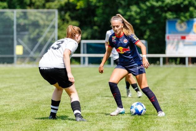 Vina Crnoja 7, FC Red Bull Salzburg and Lisa Flötzner 13, FFC Wacker München during the match FFC Wacker München v FC Red Bull Salzburg, Soccer, Women, Regionalliga Süd, 2025 2026, Test match on 19 07 2025 in Fürstenfeldbruck, Stadion a d Klosterstraße Bayern Germany