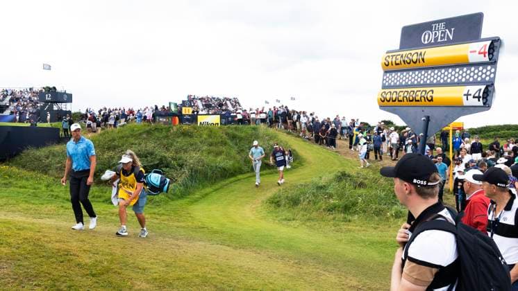 PORTRUSH, NORTHERN IRELAND 20250719 Henrik Stenson, Sweden, on his way to the 14th hole with his caddie Fanny Sunesson on the third day of The Open Golf at Royal Portrush Golf Club on Saturday PORTRUSH UK x40750x  Copyright: xChristerxHöglund TTx BRITISH OPEN GOLF 2025