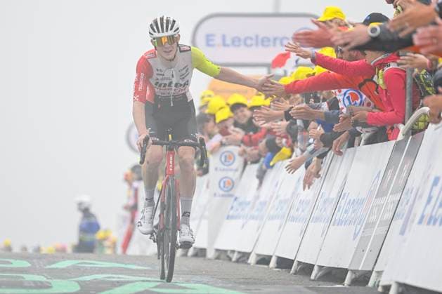 Tour de France 2025 Stage 14 LUCHON SUPERBAGNERES, FRANCE - JULY 19 : Barre Louis (FRA) of Intermarche - Wanty at the finish line during stage 14 of the 112th edition of Tour de France an UCI World Tour 2.UWT cycling road race stage for Men Elite of 183 km with start in Pau and finish in Luchon Superbagneres on July 19, 2025 in Luchon Superbagneres, France, 19 07 2025 ( Motordriver Kenny Verfaillie - Luchon Superbagneres France  Copyright: xJanxDexMeuleneirx