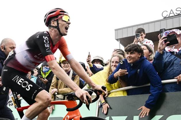 Dutch Thymen Arensman of Ineos Grenadiers celebrates after winning stage 14 of the 2025 Tour de France cycling race, from Pau to Luchon-Superbagneres (183 km), on Saturday 19 July 2025 in France. The 112th edition of the Tour de France starts on Saturday 5 July in Lille, France, and will finish in Paris, France on the 27th of July. DIRKxWAEM  x129572997x