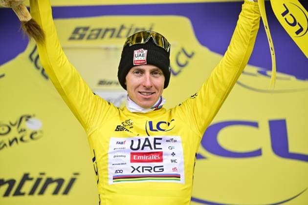 Sport Bilder des Tages Slovenian Tadej Pogacar of UAE Team Emirates celebrates on the podium in the yellow jersey of leader in the overall ranking after stage 14 of the 2025 Tour de France cycling race, from Pau to Luchon-Superbagneres (183 km), on Saturday 19 July 2025 in France. The 112th edition of the Tour de France starts on Saturday 5 July in Lille, France, and will finish in Paris, France on the 27th of July. DIRKxWAEM  x129573034x