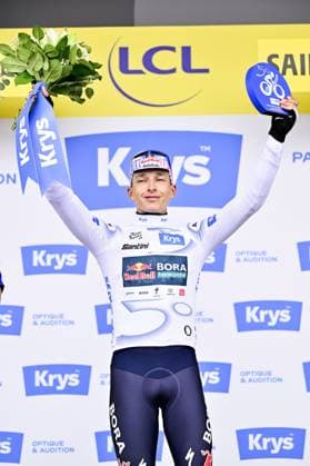 German Florian Lipowitz of RedBull-BORA-hansgrohe celebrates on the podium in the white jersey for best young rider after stage 14 of the 2025 Tour de France cycling race, from Pau to Luchon-Superbagneres (183 km), on Saturday 19 July 2025 in France. The 112th edition of the Tour de France starts on Saturday 5 July in Lille, France, and will finish in Paris, France on the 27th of July. DIRKxWAEM  x129573234x
