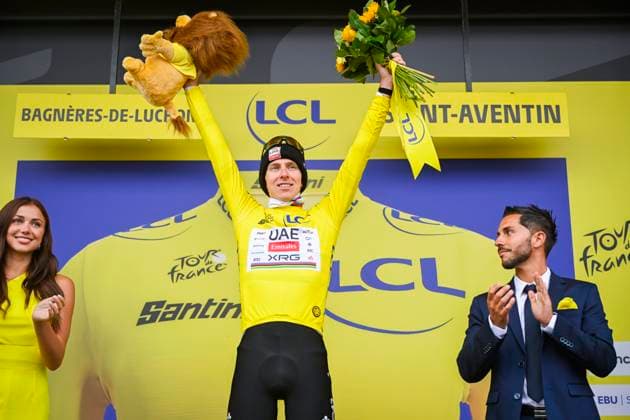 Tour de France 2025 Stage 14 LUCHON SUPERBAGNERES, FRANCE - JULY 19 : Pogacar Tadej (SLO) of UAE Team Emirates - XRG on the podium with the yellow jersey during stage 14 of the 112th edition of Tour de France an UCI World Tour 2.UWT cycling road race stage for Men Elite of 183 km with start in Pau and finish in Luchon Superbagneres on July 19, 2025 in Luchon Superbagneres, France, 19 07 2025 ( Motordriver Kenny Verfaillie - Luchon Superbagneres France  Copyright: xJanxDexMeuleneirx