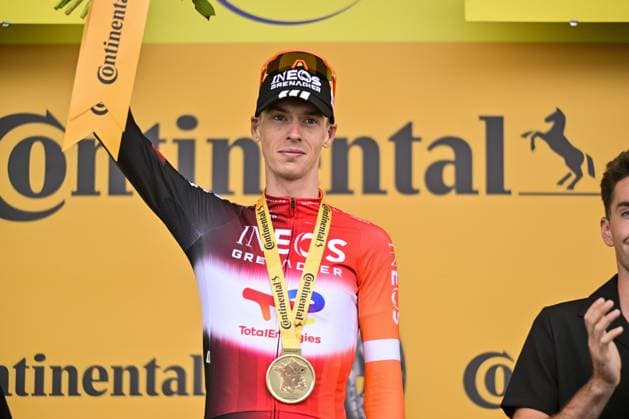 Dutch Thymen Arensman of Ineos Grenadiers celebrates on the podium after winning stage 14 of the 2025 Tour de France cycling race, from Pau to Luchon-Superbagneres (183 km), on Saturday 19 July 2025 in France. The 112th edition of the Tour de France starts on Saturday 5 July in Lille, France, and will finish in Paris, France on the 27th of July. DIRKxWAEM  x129574051x