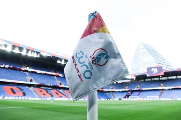 Sport, Football, UEFA Women™s EURO 2025 quarter-final France Germany 19 07 2025, St Jakob Park Basel The stadium in Basel before the match, corner flag with the UEFA Women™s EURO Switzerland 2025 logo Basel St Jakob Park Switzerland