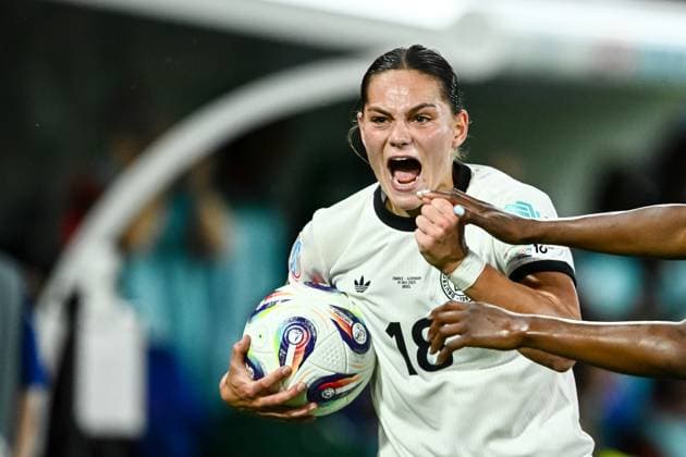 Giovanna Hoffmann Germany gestures during the UEFA Women s EURO 2025 Quarter Final match between France and Germany at St Jakob Park on July 19, 2025 in Basel, Switzerland Photo by Harry Langer DeFodi Images