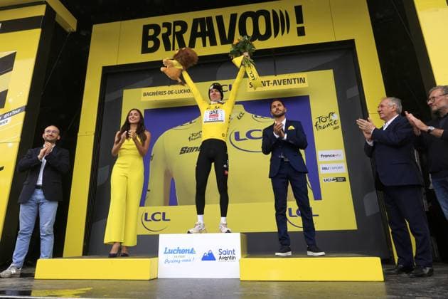 Tadej POGACAR, UAE Team Emirates - XRG, during the award ceremony, yellow jersey, during the Tour de France 2025, UCI WorldTour cycling event, Stage 14, Pau - Luchon-Superbagneres (182,6 Km) on 19 July 2025 in Saint-Aventin, France during Tour de France 2025 - Stage 14, Tour De France race in France, France, July 19 2025  Copyright: xStefanoxCavasino IPAxSportx xipa-agency.netx xx IPA_60603538 IPA_Agency_IPA60603538
