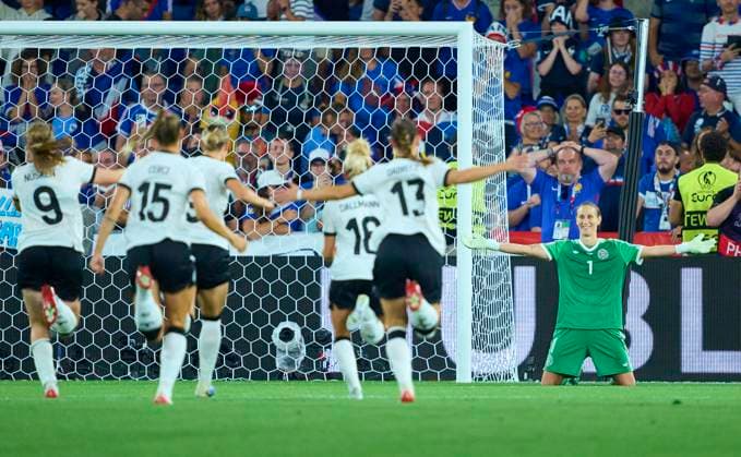 Ann-Katrin Berger 7 goalkeeper of Team Germany catches the desicive 11m and celebrate with team mates in the football quarter-final UEFA Women EURO 2025 match FRANCE - GERMANY in Season 2025 2026 at July 19, 2025 in St. Jakob-Park Basel , Switzerland.