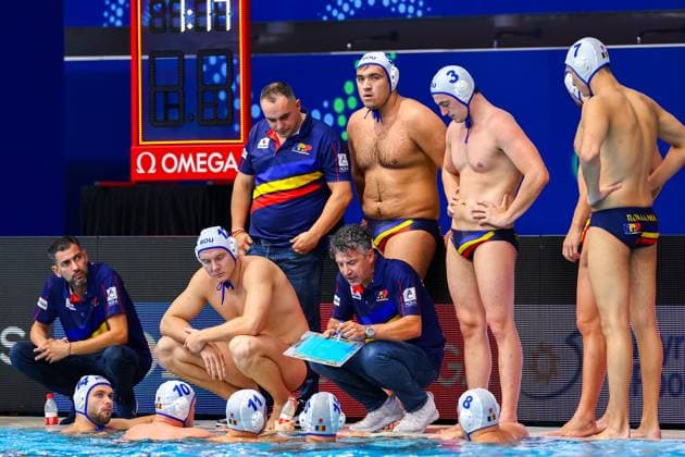 Marius Tic of Romania, Francesco Iudean of Romania, Matei Lutescu of Romania, Tudor Fulea of Romania, Andrei Neamtu of Romania, Andrei Prioteasa of Romania, Andrei Tepelus of Romania, Nicolae Oanta of Romania, Alexandru Gheorghe of Romania, Vlad Georgescu of Romania, Sebastian Oltean of Romania, Levente Vancsik of Romania, Mihai Dragusin of Romania, David Belenyesi of Romania, David-Joan Bota of Romania Romania v Canada, Water polo, Wasserball Singapore 2025 World Aquatics Championships, OCBC Aquatic Centre, July 20, 2025, Singapore, Singapore.