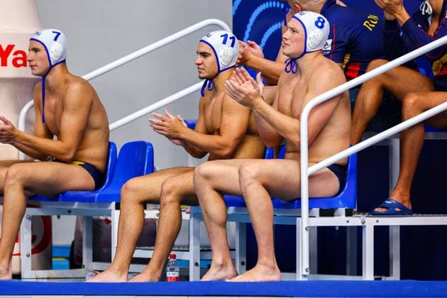 Sebastian Oltean of Romania, Nicolae Oanta of Romania Romania v Canada, Water polo, Wasserball Singapore 2025 World Aquatics Championships, OCBC Aquatic Centre, July 20, 2025, Singapore, Singapore.