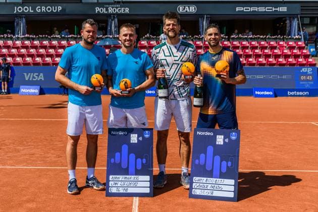 250720 Adam Pavlasek of Czech Republic and Jan Zielinski of Poland and Guido Andreozzi of Argentina and Sander Arends of Netherlands after the doubles final tennis match during day 8 on July 20, 2025 in Bastad Photo Mathilda Schuler BILDBYRAN kod MA MA0849 tennis atp 250 nordea open bbeng  Copyright: MATHILDAxSCHULER BB250720MA047