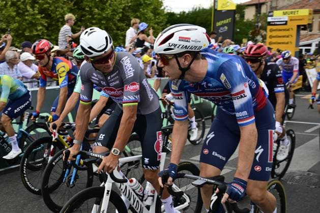 Dutch Mathieu van der Poel of Alpecin-Deceuninck and Dutch Pascal Eenkhoorn of Soudal Quick-Step pictured at the start of stage 15 of the 2025 Tour de France cycling race, from Muret to Carcasonne (169 km), on Sunday 20 July 2025 in France. The 112th edition of the Tour de France starts on Saturday 5 July in Lille, France, and will finish in Paris, France on the 27th of July. DIRKxWAEM  x129640625x