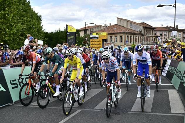 Dutch Thymen Arensman of Ineos Grenadiers, Italian Jonathan Milan of Lidl-Trek, Slovenian Tadej Pogacar of UAE Team Emirates, French Lenny Martinez of Bahrain Victorious and German Florian Lipowitz of RedBull-BORA-hansgrohe pictured at the start of stage 15 of the 2025 Tour de France cycling race, from Muret to Carcasonne (169 km), on Sunday 20 July 2025 in France. The 112th edition of the Tour de France starts on Saturday 5 July in Lille, France, and will finish in Paris, France on the 27th of July. DIRKxWAEM  x129640670x