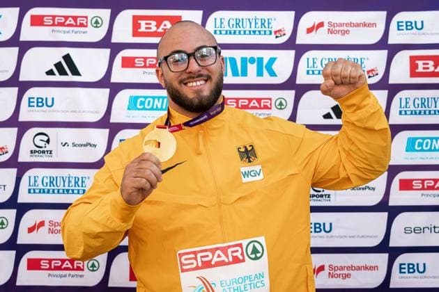 Sport Bilder des Tages Tizian Lauria (VfL Sindelfingen, Kugelstossen Maenner), NOR, Leichtathletik, Athletics, European Athletics U23 Championships 2025, Leichtathletik U23 Europameisterschaft, Bergen, 20.07.2025, NOR, Leichtathletik, Athletics, European Athletics U23 Championships 2025, Leichtathletik U23 Europameisterschaft, Bergen, 20.07.2025 Bergen *** Tizian Lauria VfL Sindelfingen, Shot Put Men , NOR, Athletics, Athletics, European Athletics U23 Championships 2025, European Athletics U23 Championships, Bergen, 20 07 2025, NOR, Athletics, Athletics, European Athletics U23 Championships 2025, European Athletics U23 Championships, Bergen, 20 07 2025 Bergen Copyright: xStefanxMayerx EP_SMR