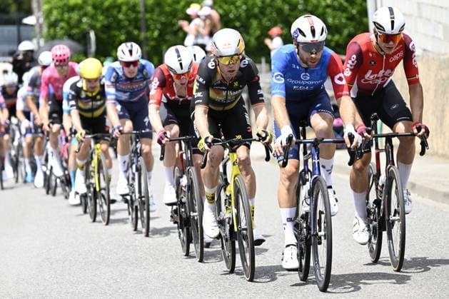 Belgian Wout van Aert of Team Visma-Lease a Bike, French Clement Russo of Groupama-FDJ and Belgian Arnaud De Lie of Lotto Cycling Team pictured in action during stage 15 of the 2025 Tour de France cycling race, from Muret to Carcasonne (169 km), on Sunday 20 July 2025 in France. The 112th edition of the Tour de France starts on Saturday 5 July in Lille, France, and will finish in Paris, France on the 27th of July. POOLxJANxDExMEULENEIR  x129641466x