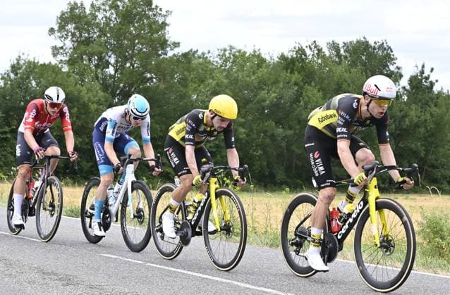Belgian Arnaud De Lie of Lotto Cycling Team, Belgian Victor Campenaerts of Team Visma-Lease a Bike and Belgian Wout van Aert of Team Visma-Lease a Bike pictured in action during stage 15 of the 2025 Tour de France cycling race, from Muret to Carcasonne (169 km), on Sunday 20 July 2025 in France. The 112th edition of the Tour de France starts on Saturday 5 July in Lille, France, and will finish in Paris, France on the 27th of July. POOLxJANxDExMEULENEIR  x129643765x