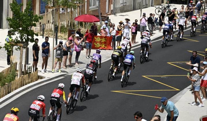 The pack of riders pictured in action during stage 15 of the 2025 Tour de France cycling race, from Muret to Carcasonne (169 km), on Sunday 20 July 2025 in France. The 112th edition of the Tour de France starts on Saturday 5 July in Lille, France, and will finish in Paris, France on the 27th of July. JASPERxJACOBS  x129643793x