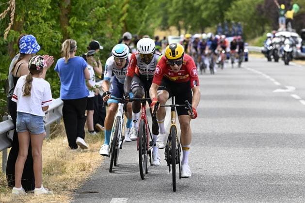 Eritrean Biniam Girmay Hailu of Intermarche-Wanty and Norwegian Jonas Abrahamsen of Uno-X Mobility pictured in action during stage 15 of the 2025 Tour de France cycling race, from Muret to Carcasonne (169 km), on Sunday 20 July 2025 in France. The 112th edition of the Tour de France starts on Saturday 5 July in Lille, France, and will finish in Paris, France on the 27th of July. POOLxJANxDExMEULENEIR  x129646304x