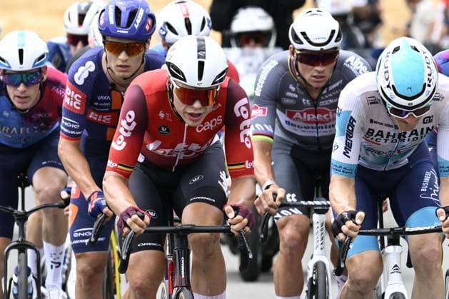 Belgian Arnaud De Lie of Lotto Cycling Team, Dutch Mathieu van der Poel of Alpecin-Deceuninck and Slovenian Matej Mohoric of Bahrain-Victorious pictured in action during stage 15 of the 2025 Tour de France cycling race, from Muret to Carcasonne (169 km), on Sunday 20 July 2025 in France. The 112th edition of the Tour de France starts on Saturday 5 July in Lille, France, and will finish in Paris, France on the 27th of July. POOLxJANxDExMEULENEIR  x129646965x