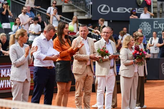 GER, Hamburg, xFSx, ATP250 Womens Tennis Tournament , MSC Hamburg Ladies Open 2025 , Final , 20 07 2025 from l Tournament Director Sandra Reichel, Andy Grote Senator for the Interior and Sport Hamburg , Tournament Ambassador Andrea Petkovic , Nils Kahn Head of the shipping company MSC Germany Copyright: HMBxMedia FernandoxSoares
